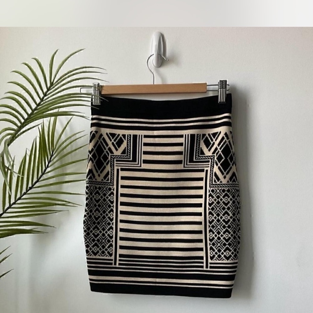 Jealous Tomato Black & Cream Geometric Knit Pencil Skirt | Stretch Bodycon